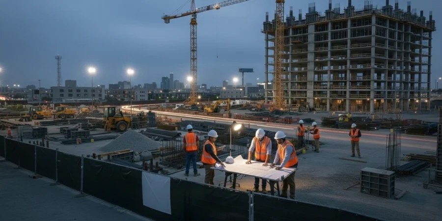 Architectural blueprint reviewed alongside a building under construction.