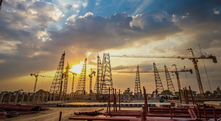 Industrial construction site showing structural steelwork.