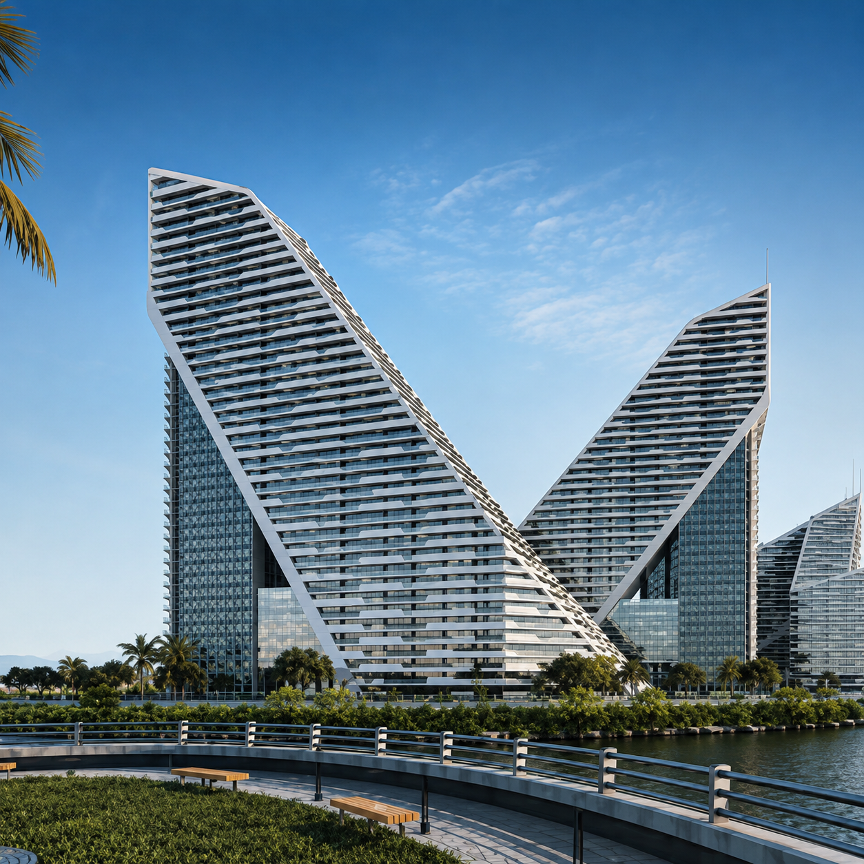Architectural rendering of two angular high-rise towers forming a V shape beside a waterfront promenade.
