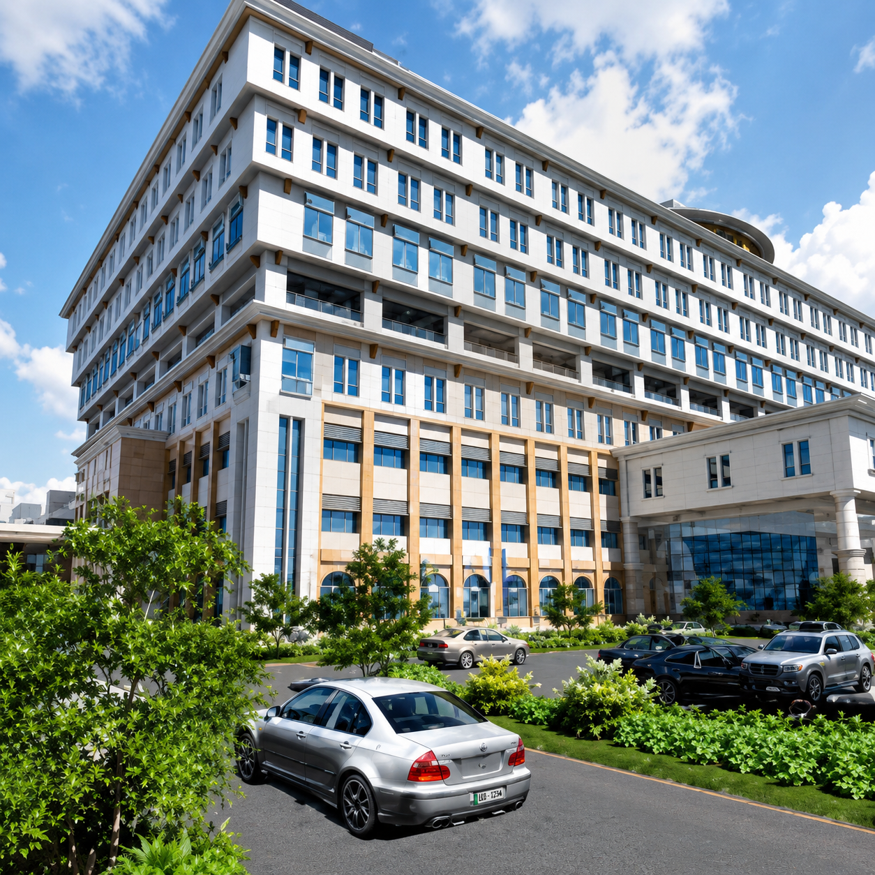 Rendering of a large white and blue multi-storey institutional building with a landscaped car park.