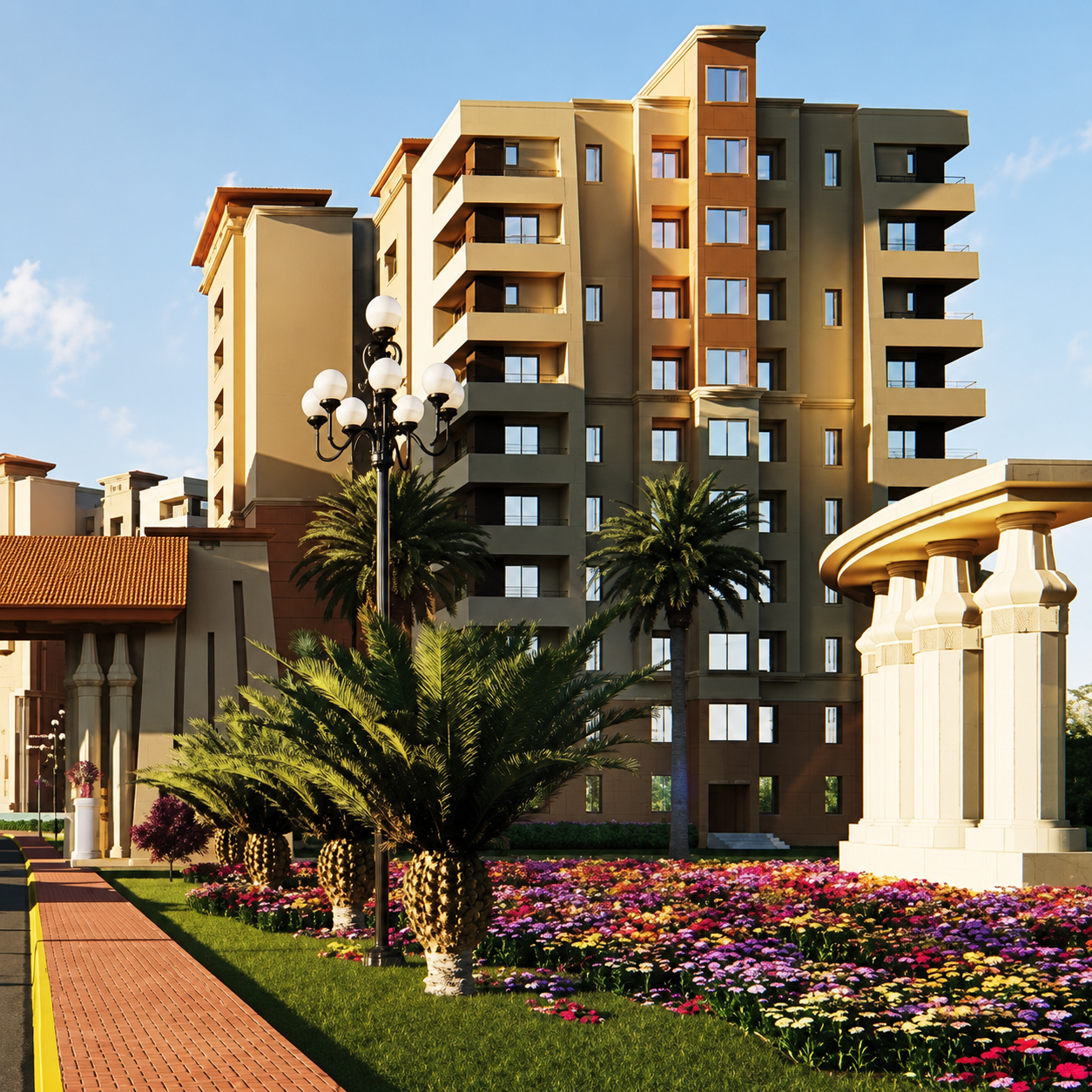 Rendering of a beige apartment complex with palm trees, a colonnade and flower beds.