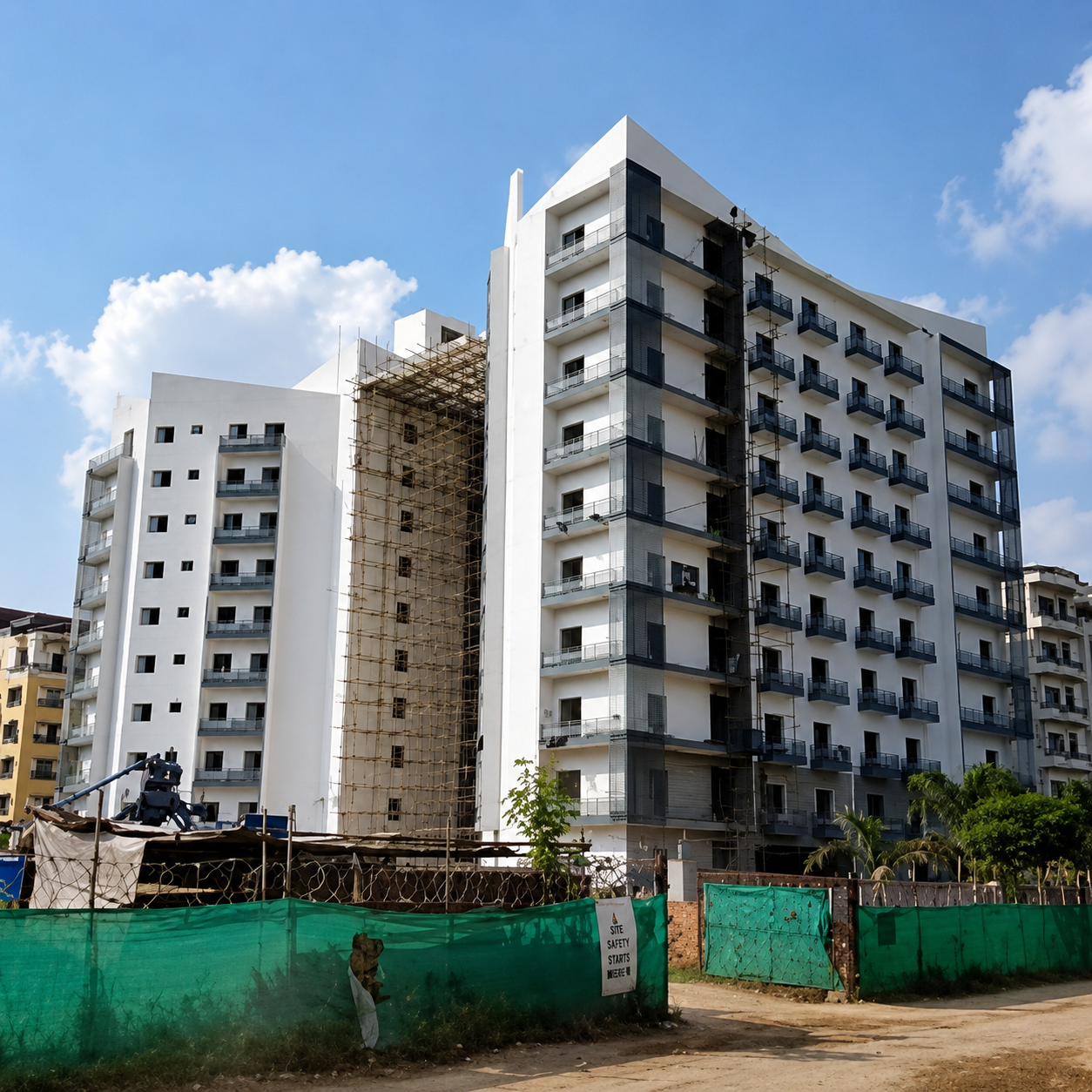 Multi-storey concrete residential block under construction behind a green site hoarding.