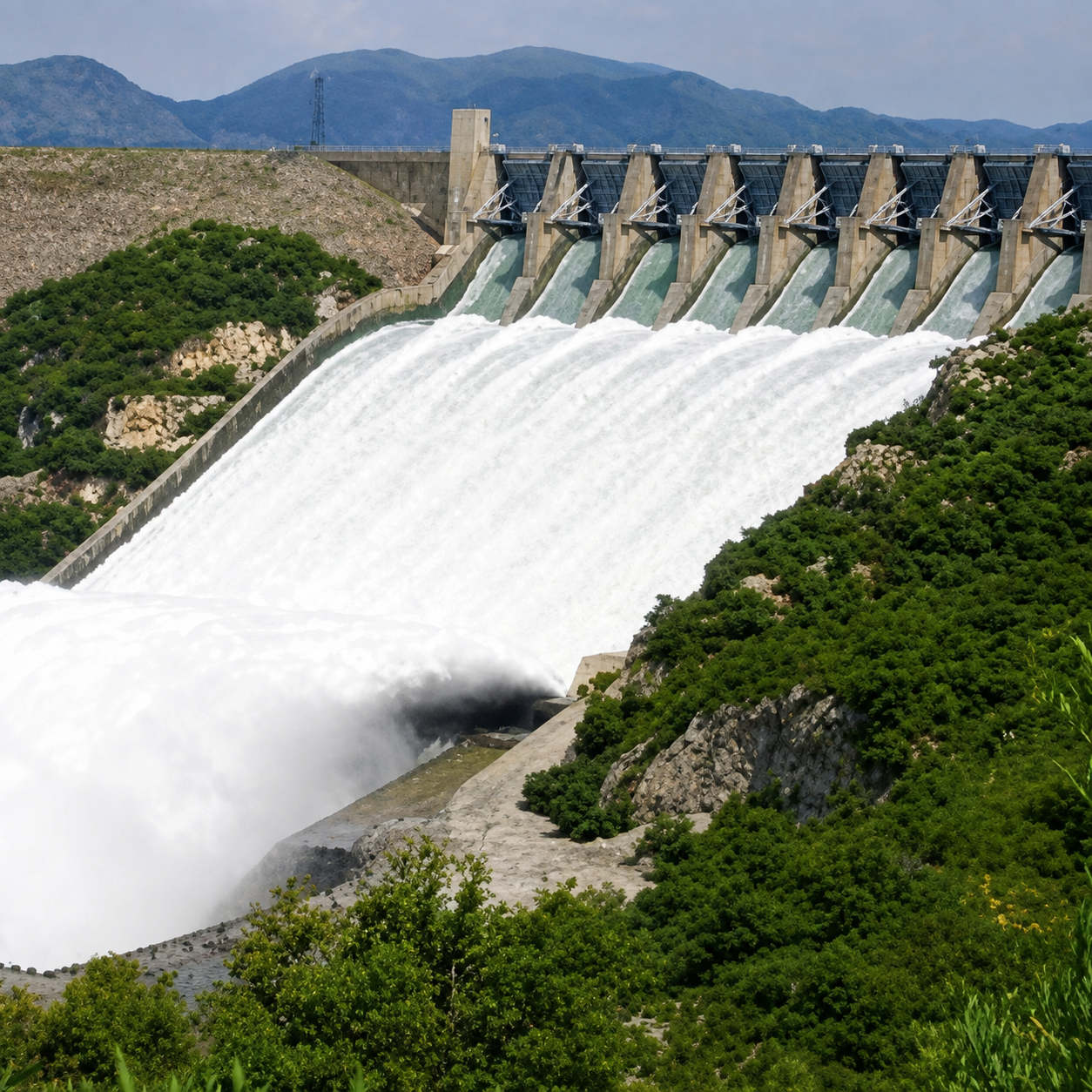 Dam spillway with radial gates open, discharging white water down a concrete chute into a scrub valley.