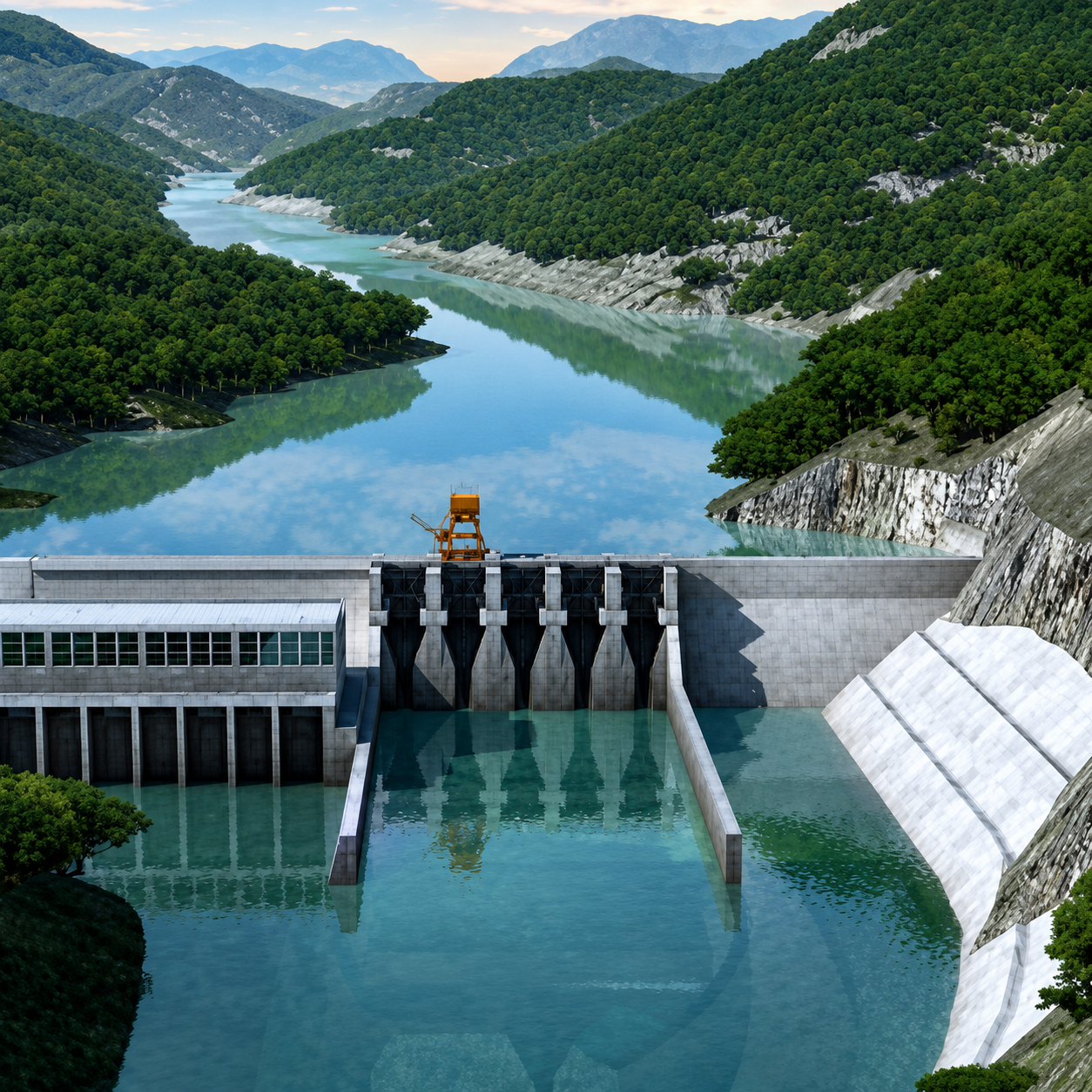Rendering of a gated concrete dam and powerhouse in a forested river gorge.